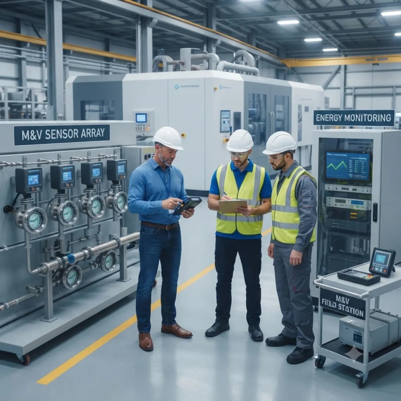 Field engineers reviewing a metering and measurement & verification sensor array on the plant floor.