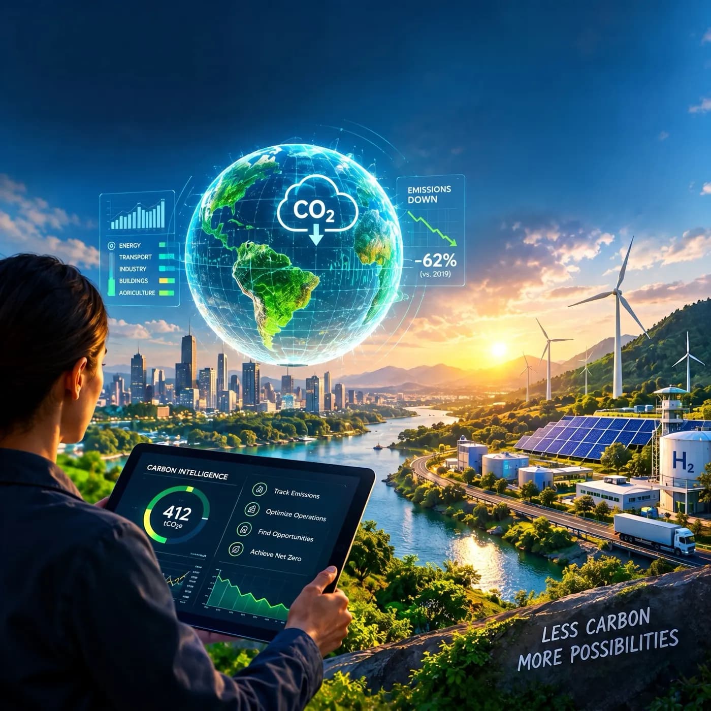 A field engineer reviewing a carbon intelligence dashboard on a tablet, with emissions trending down against an industrial and renewable-energy landscape.