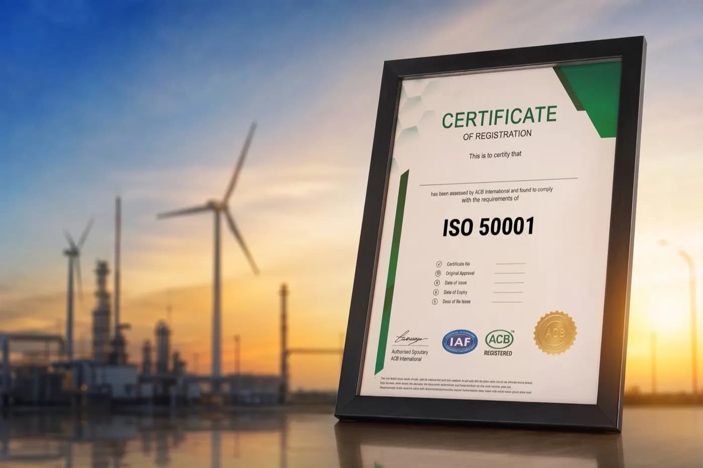 A framed ISO 50001 certificate of registration, with wind turbines and an industrial facility at sunset in the background.