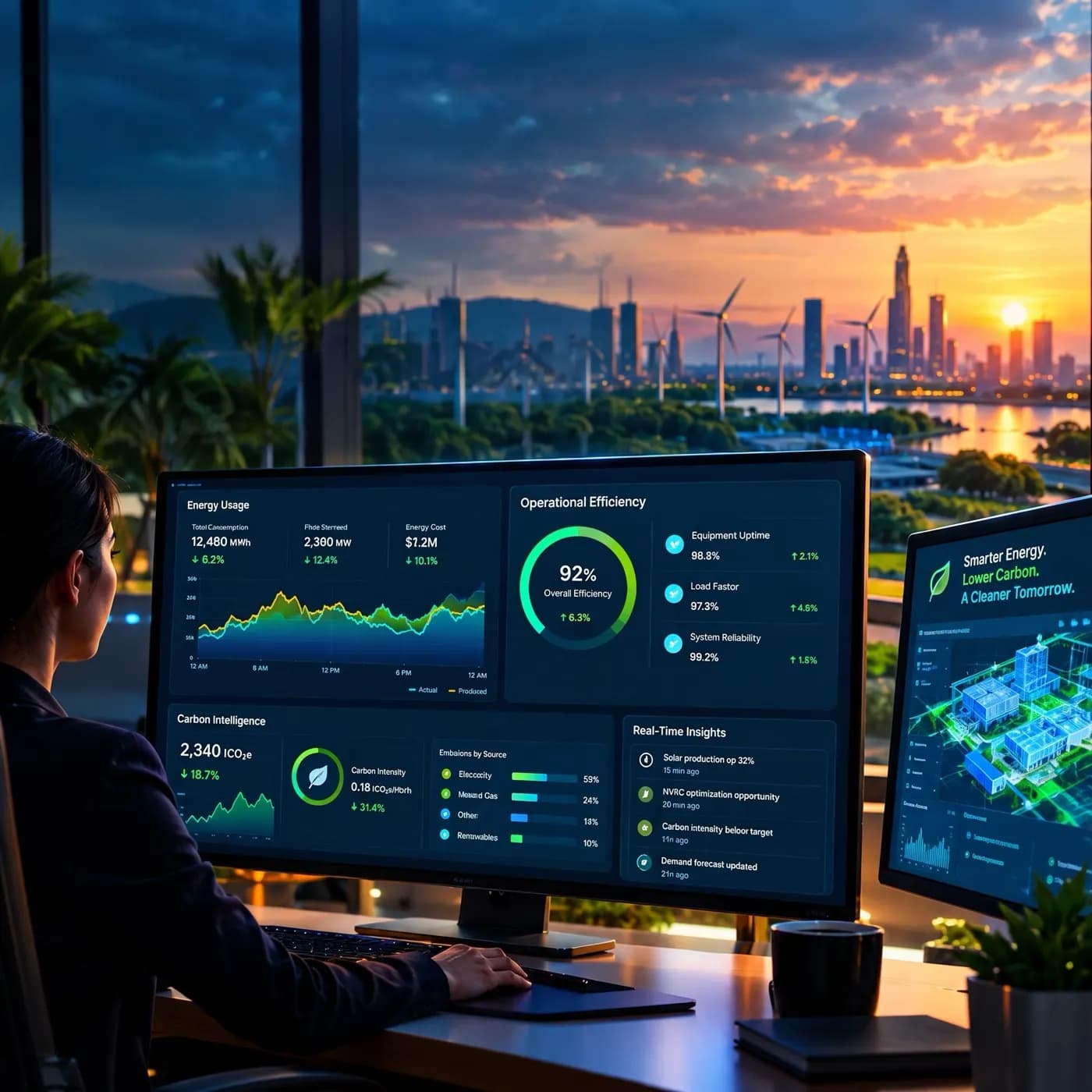 An energy manager reviewing a live analytics dashboard — usage, efficiency and carbon intelligence panels — with a city skyline and wind turbines behind them.